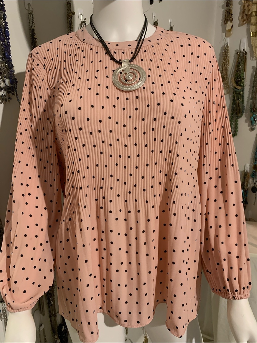 Adrianna Papell Pink and Black Polka Dot Long-Sleeve Blouse